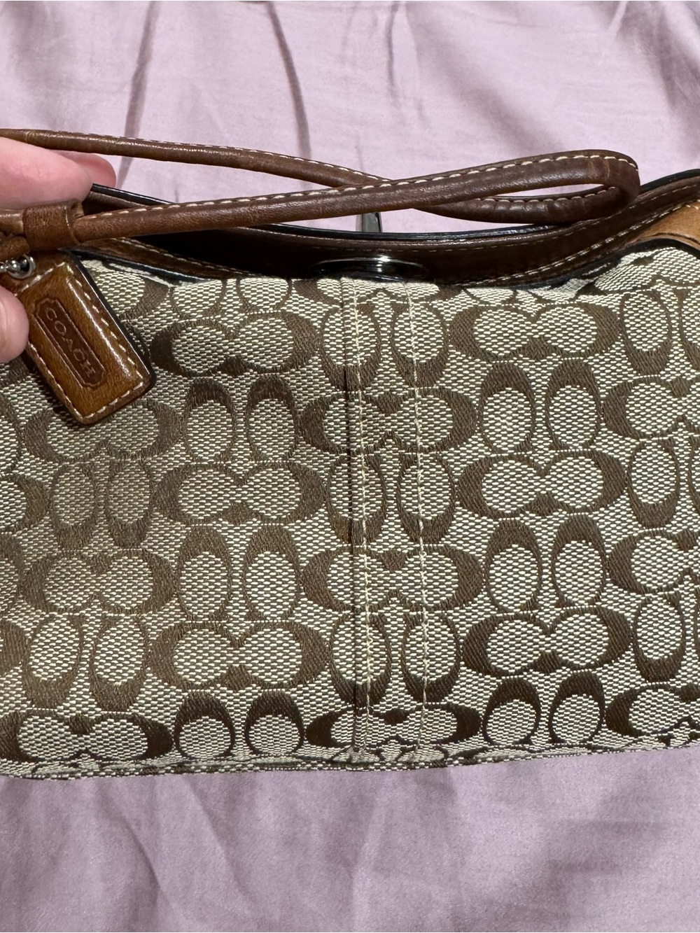 Coach Beige and Brown Signature Canvas the lock wristlet